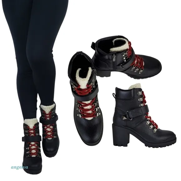 New Marc fisher nature 2 block chunky heel lace up zip combat moto boots black