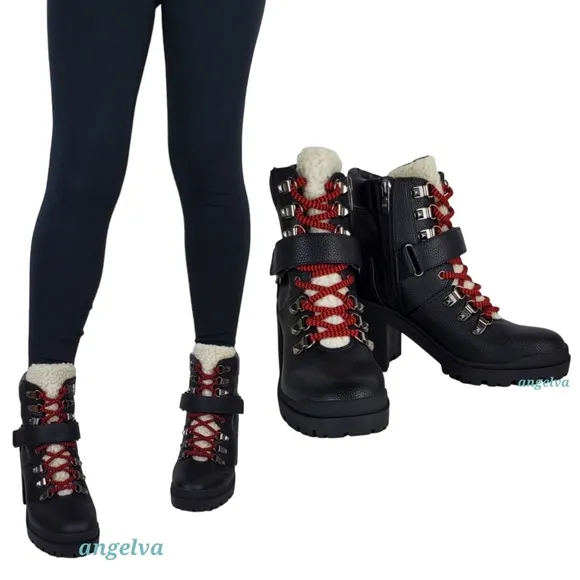 New Marc fisher nature 2 block chunky heel lace up zip combat moto boots black
