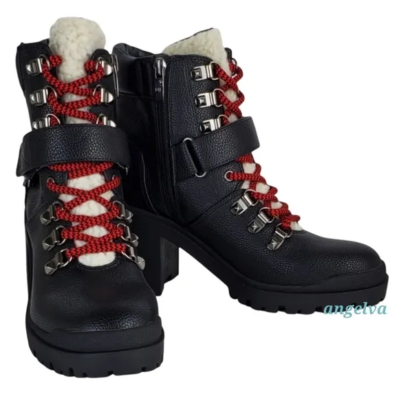 New Marc fisher nature 2 block chunky heel lace up zip combat moto boots black