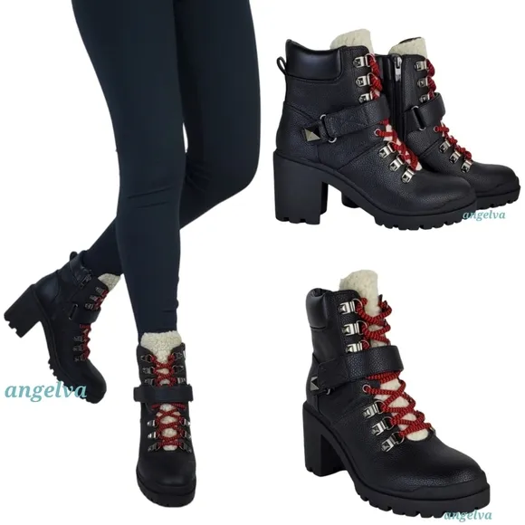 New Marc fisher nature 2 block chunky heel lace up zip combat moto boots black