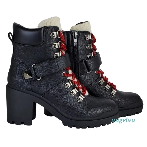 New Marc fisher nature 2 block chunky heel lace up zip combat moto boots black
