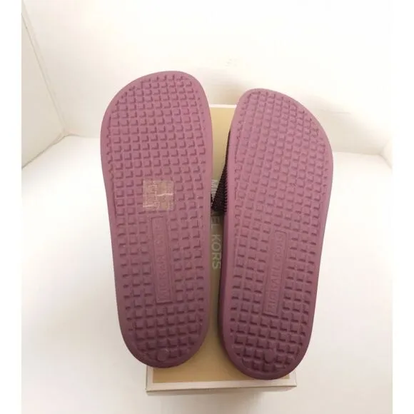 New! MICHAEL KORS Studded MK Logo Gilmore Slide Sandals Shoes Dark Berry
