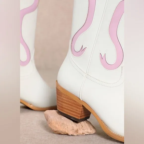 NEW! MIIM Ruby White Knee High Western Low Heel Cowboy Boots Pink Bow Accent