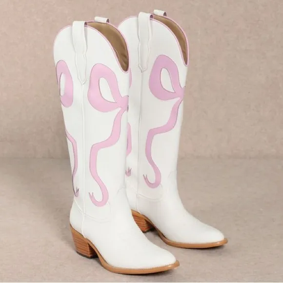 NEW! MIIM Ruby White Knee High Western Low Heel Cowboy Boots Pink Bow Accent