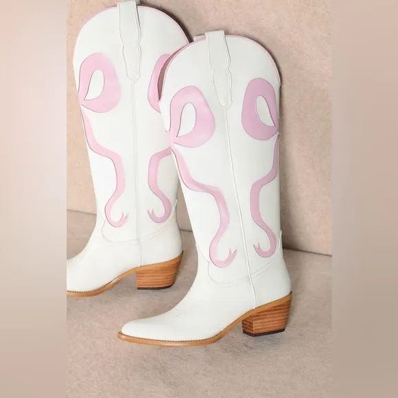 NEW! MIIM Ruby White Knee High Western Low Heel Cowboy Boots Pink Bow Accent