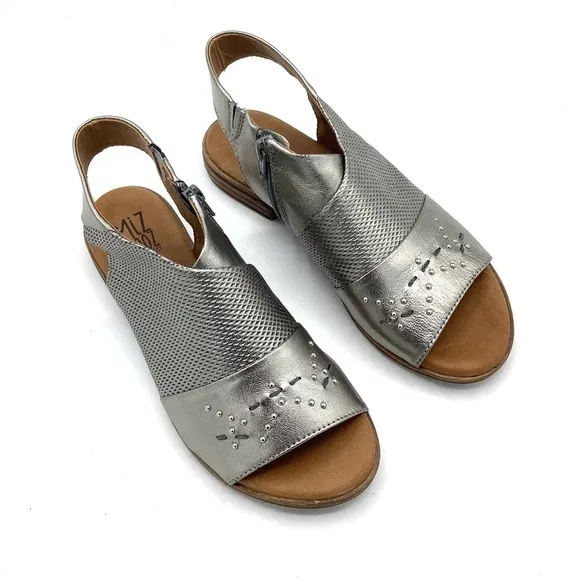 NEW Miz Mooz Leather Side-Zip Sandals Darcie Pewter Wide Portugal 38