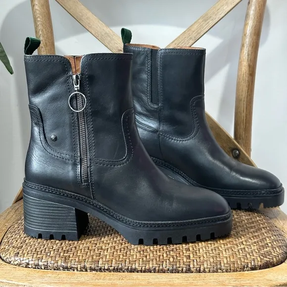 NEW Pikolinos Valladolid Leather Lug Side Zip Block Heel Boots Black