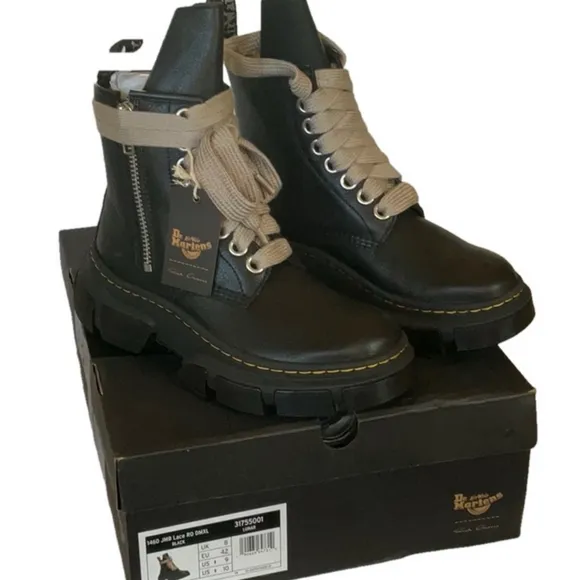 NEW RICK OWENS X DR MARTENS Black Leather Boots with Beige Laces 1460