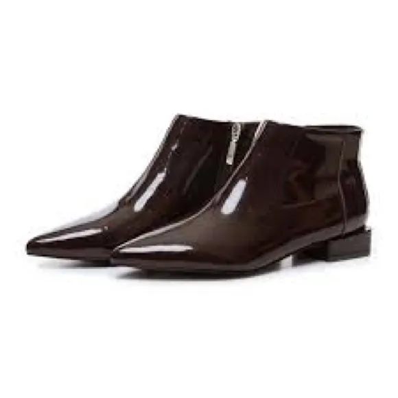 New SARA Brown Pointed Toe Ankle Boots Nutella Patent Leather Size 6 (VHNY).