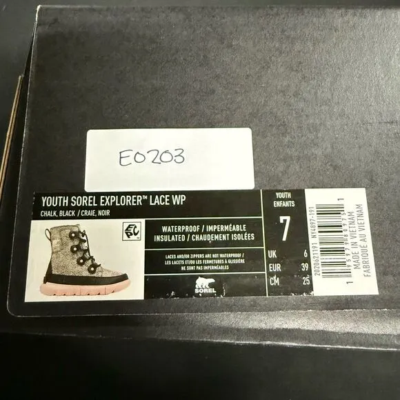 New Sorel Youth Explorer Lace Waterproof Boots 7 Chalk Black