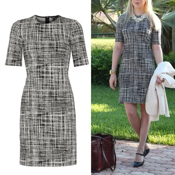 NEW Theory Rijik B Grid Stretch Knit Sheath Dress Size 4 Monochrome Mod Classic