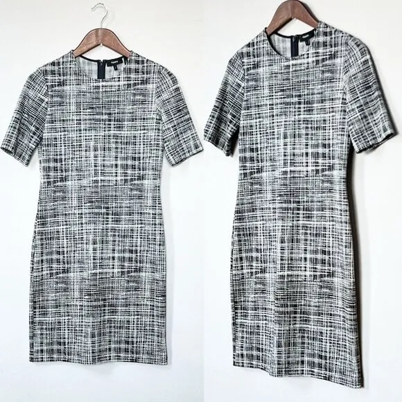 NEW Theory Rijik B Grid Stretch Knit Sheath Dress Size 4 Monochrome Mod Classic