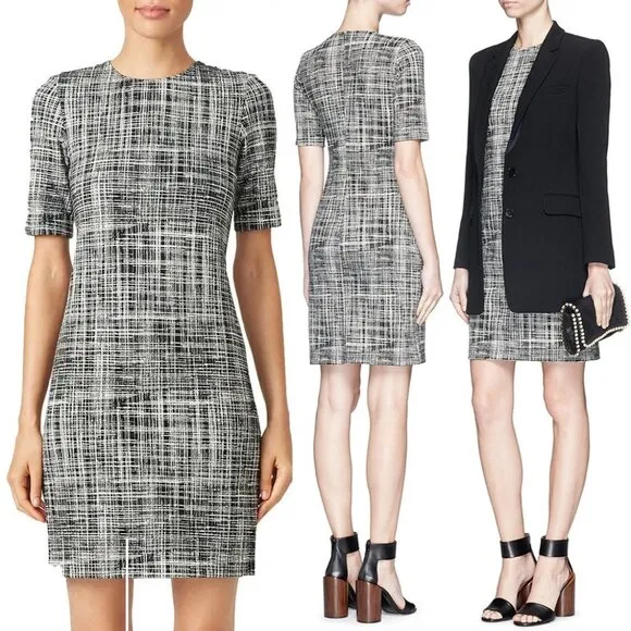 NEW Theory Rijik B Grid Stretch Knit Sheath Dress Size 4 Monochrome Mod Classic