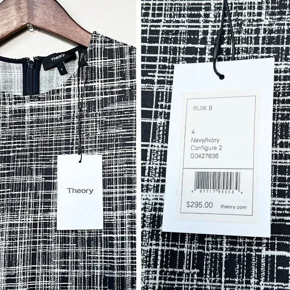 NEW Theory Rijik B Grid Stretch Knit Sheath Dress Size 4 Monochrome Mod Classic
