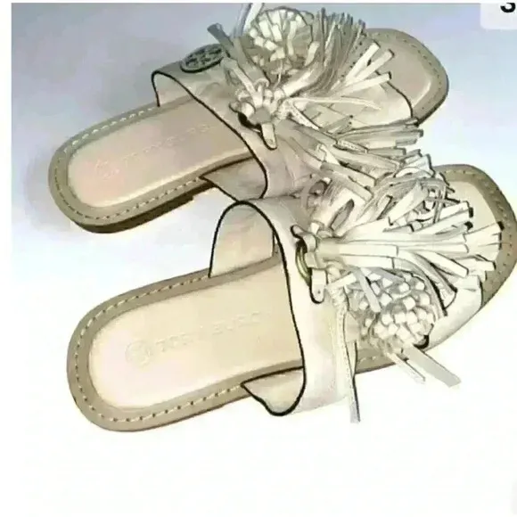 NEW Tory Burch Miller Tassel Slide Sandals Fringe Tan beach Women’s Size 5 $368