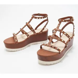 New Vince Camuto Womens Pemolie Studded Platform Wedge Sandals Brown Size 10