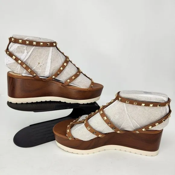 New Vince Camuto Womens Pemolie Studded Platform Wedge Sandals Brown Size 10