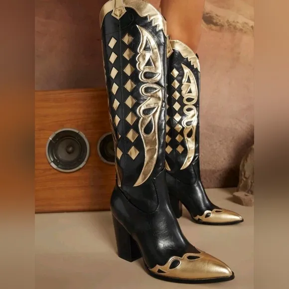 New Women's High Top Geometric Pattern Black &amp; Gold Pointed Toe Boots Sz…