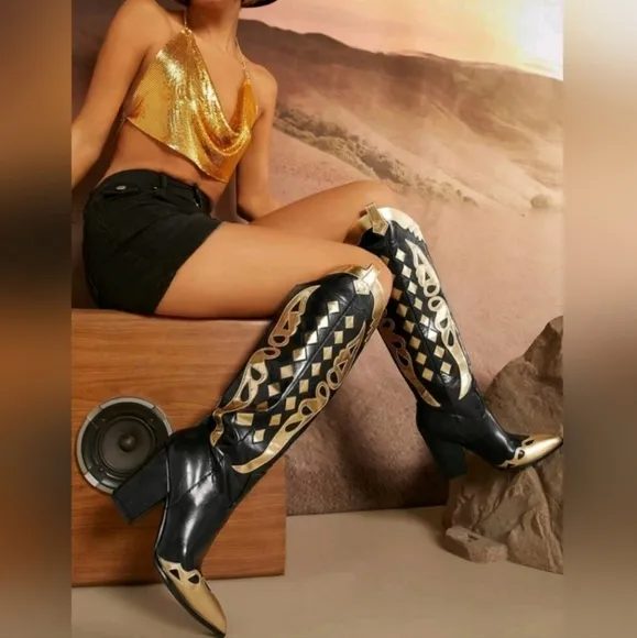 New Women's High Top Geometric Pattern Black &amp; Gold Pointed Toe Boots Sz…