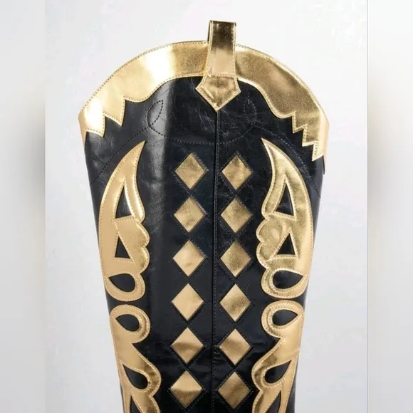New Women's High Top Geometric Pattern Black &amp; Gold Pointed Toe Boots Sz…