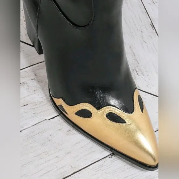 New Women's High Top Geometric Pattern Black &amp; Gold Pointed Toe Boots Sz…