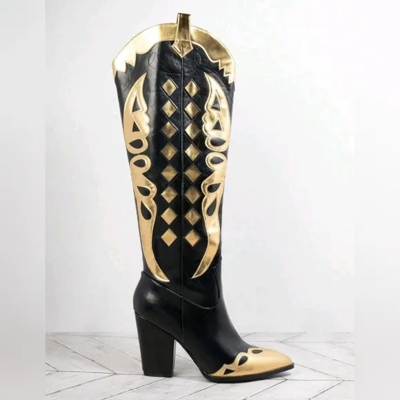 New Women's High Top Geometric Pattern Black &amp; Gold Pointed Toe Boots Sz…