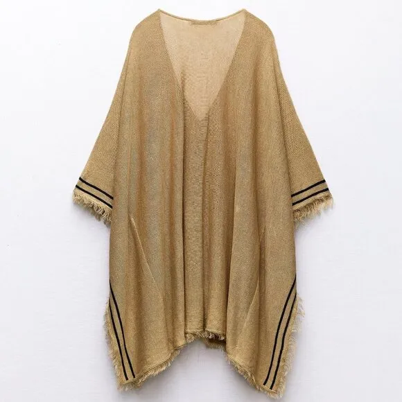 NEW Zara Linen Blend Knit Stripe Fringe Trim Kaftan Poncho Dress Beige Khaki M/L