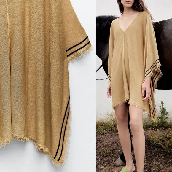 NEW Zara Linen Blend Knit Stripe Fringe Trim Kaftan Poncho Dress Beige Khaki M/L