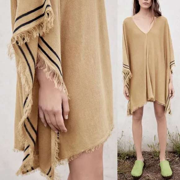 NEW Zara Linen Blend Knit Stripe Fringe Trim Kaftan Poncho Dress Beige Khaki M/L