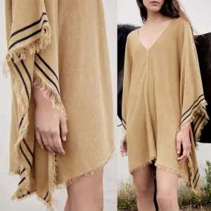 NEW Zara Linen Blend Knit Stripe Fringe Trim Kaftan Poncho Dress Beige Khaki M/L