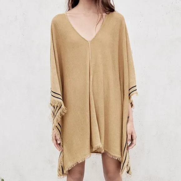 NEW Zara Linen Blend Knit Stripe Fringe Trim Kaftan Poncho Dress Beige Khaki M/L