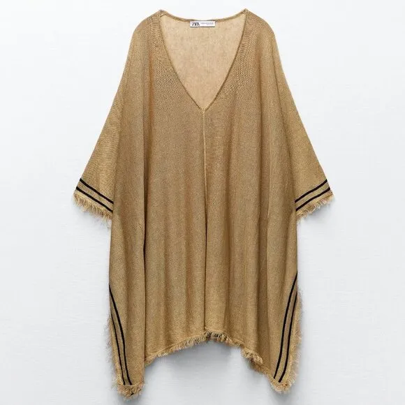 NEW Zara Linen Blend Knit Stripe Fringe Trim Kaftan Poncho Dress Beige Khaki M/L