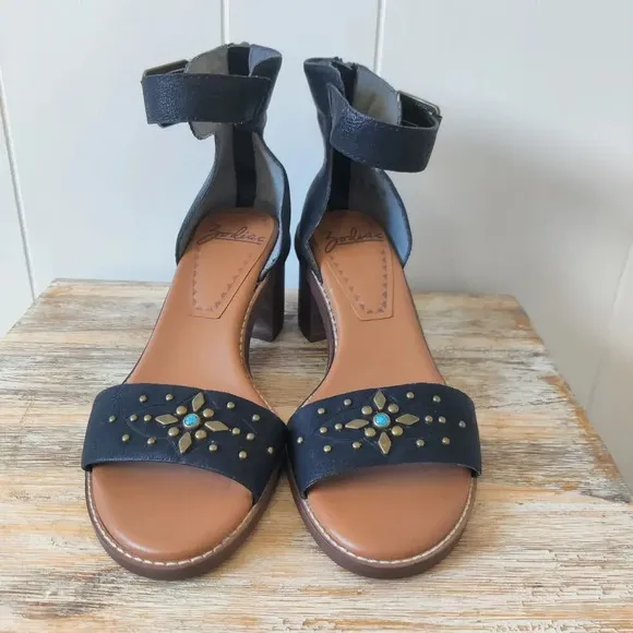 NEW Zodiac Black Block Heel Ankle Strap Sandals Sz 8M Studded Embellished