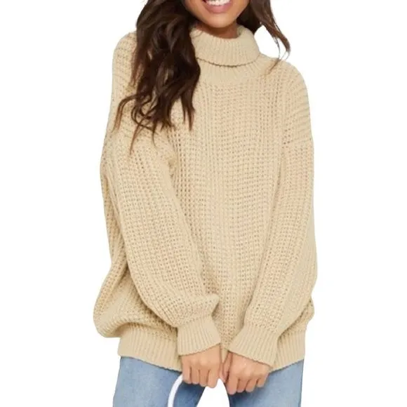NEW PrettyLittleThing Chunky Oversized Beige Knit Sweater Size Small