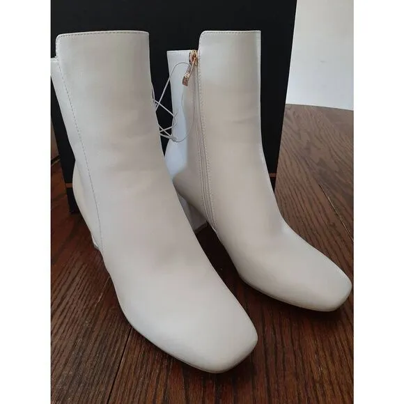 New Size 9 Idifu White PU Dress Ankle Boots Low Chunky Heel Pointed Toe Booties