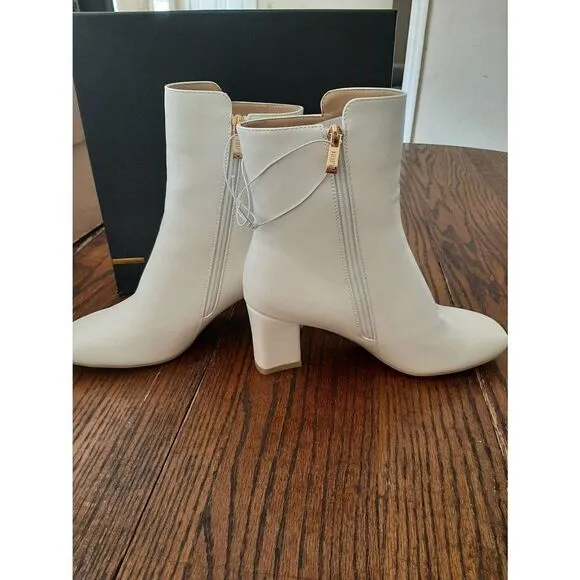 New Size 9 Idifu White PU Dress Ankle Boots Low Chunky Heel Pointed Toe Booties
