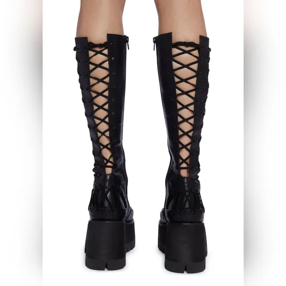 NIB Dolls Kill Rude Awakening Sz 8 Club Exx Black Lace Up Platform Boots!