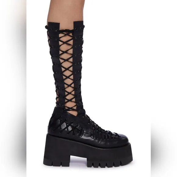 NIB Dolls Kill Rude Awakening Sz 8 Club Exx Black Lace Up Platform Boots!