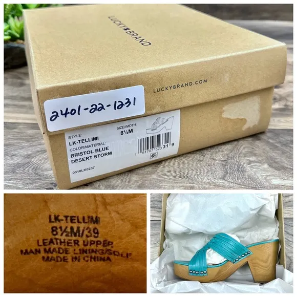 NIB Lucky Brand Tellimi 8.5M Platform Wedge Woven Leather Studded Sandals Blue