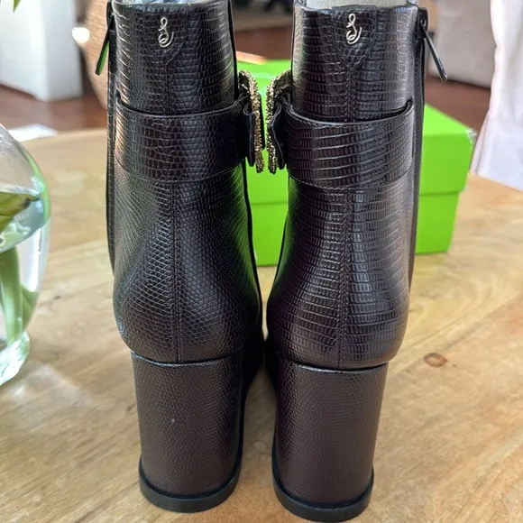 NIB Sam Edelman Brown Lizard Wedge Booties Size 8
