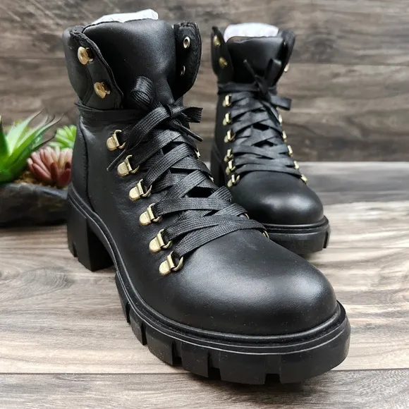 NIB Steve Madden Hint Chunky Lug Sole Black Leather Hiker Combat Boots 8M