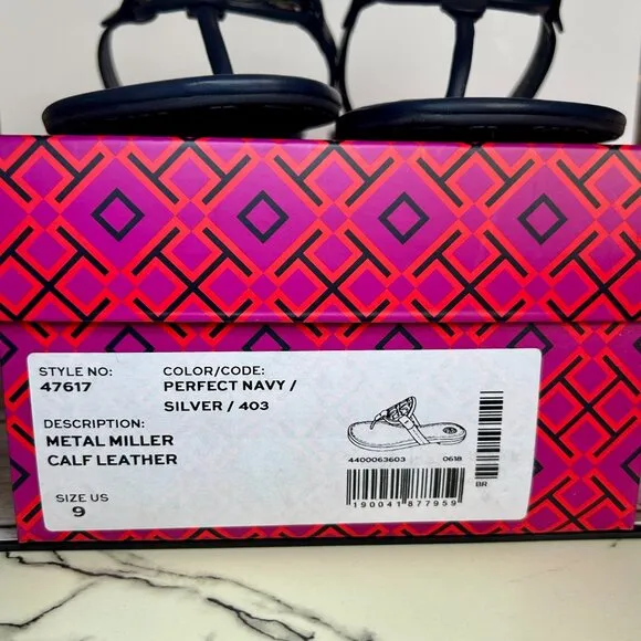 NIB Tory Burch Metal Miller Sandals in Navy with Silver Logo – Brand New!