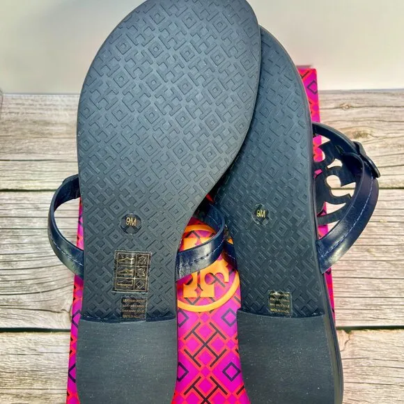 NIB Tory Burch Metal Miller Sandals in Navy with Silver Logo – Brand New!