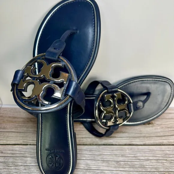 NIB Tory Burch Metal Miller Sandals in Navy with Silver Logo – Brand New!