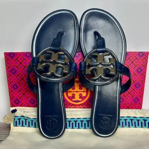 NIB Tory Burch Metal Miller Sandals in Navy with Silver Logo – Brand New!