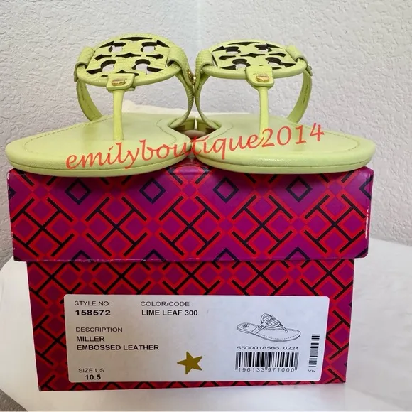 NIB Tory Burch Miller Size 10.5 Lime Leaf Embossed Leather Sandals Retail $198
