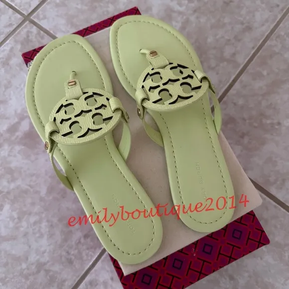 NIB Tory Burch Miller Size 10.5 Lime Leaf Embossed Leather Sandals Retail $198