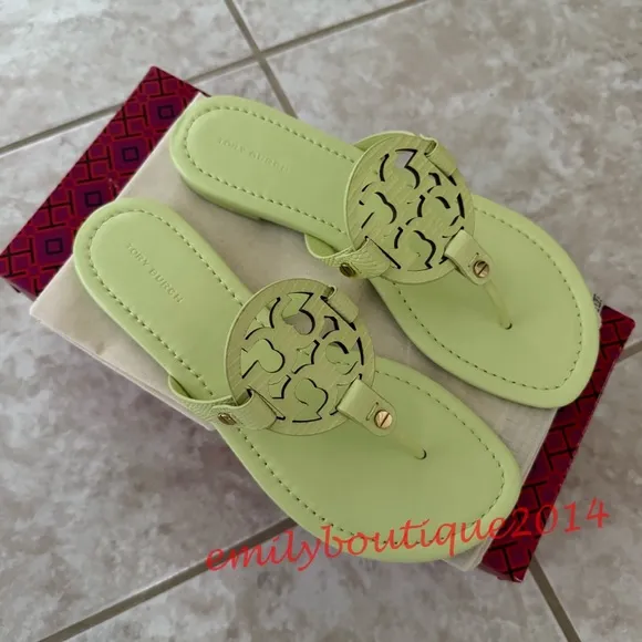 NIB Tory Burch Miller Size 8 Lime Leaf Embossed Leather Sandals Retail $198