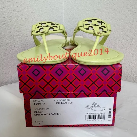 NIB Tory Burch Miller Size 8 Lime Leaf Embossed Leather Sandals Retail $198