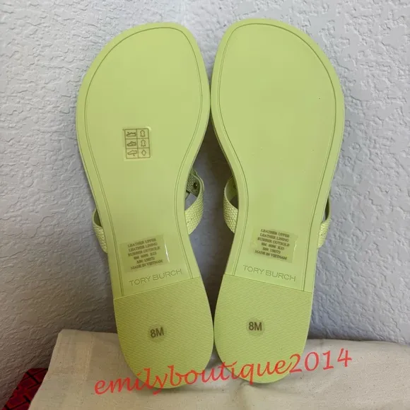 NIB Tory Burch Miller Size 8 Lime Leaf Embossed Leather Sandals Retail $198